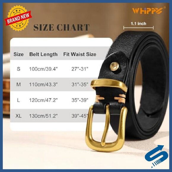 Full Grain Leather Belt with Gold Buckle, 9-Hole Adjustable, 1.1\